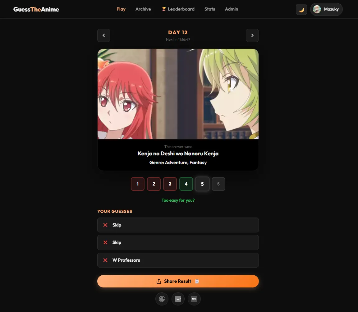 Website-Ausschnitt des Projekts GuessTheAnime.net